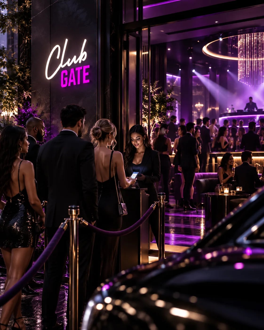 Guests arriving at a Club Gate venue entrance under purple evening lighting